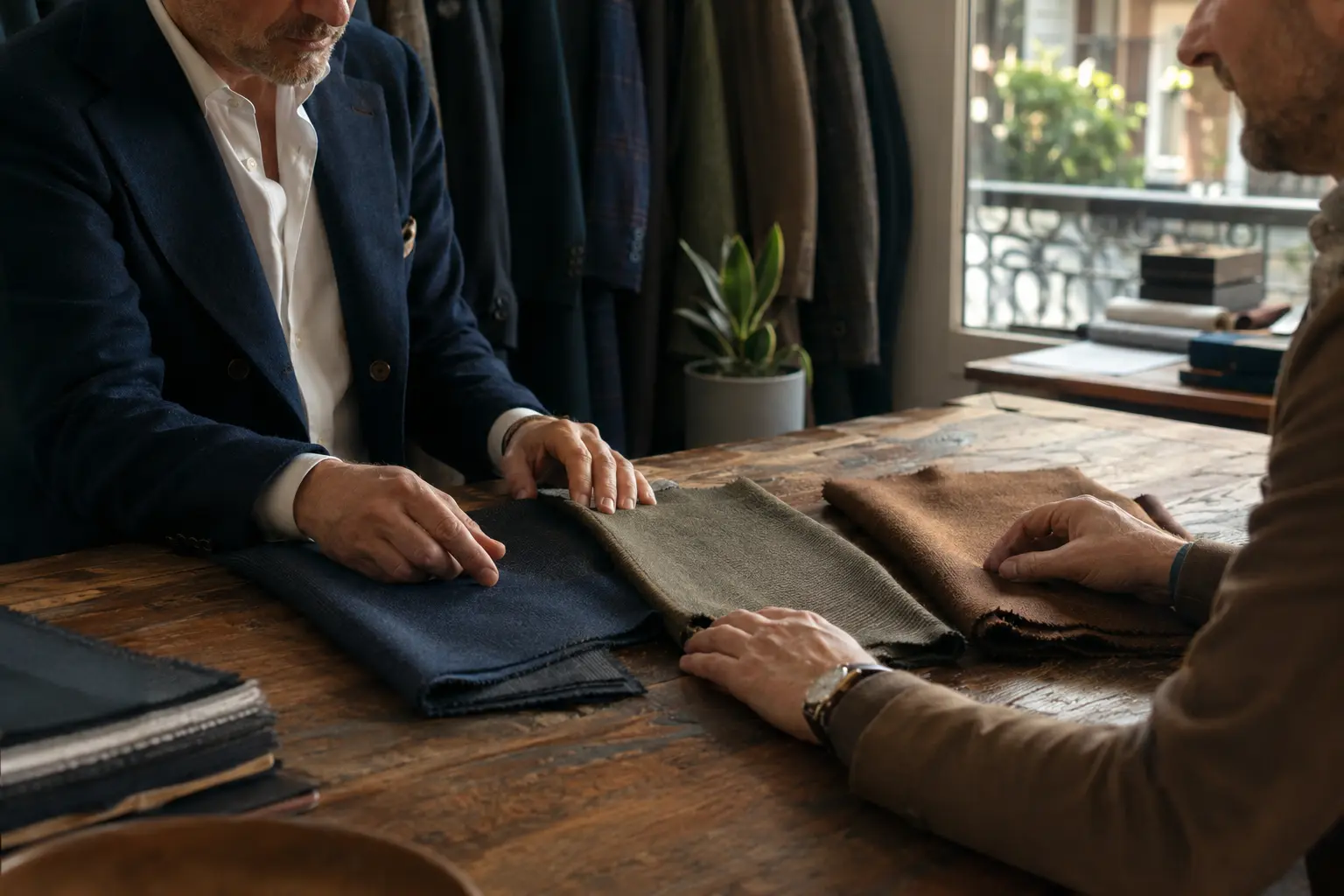 Tailor and client comparing cloth swatches