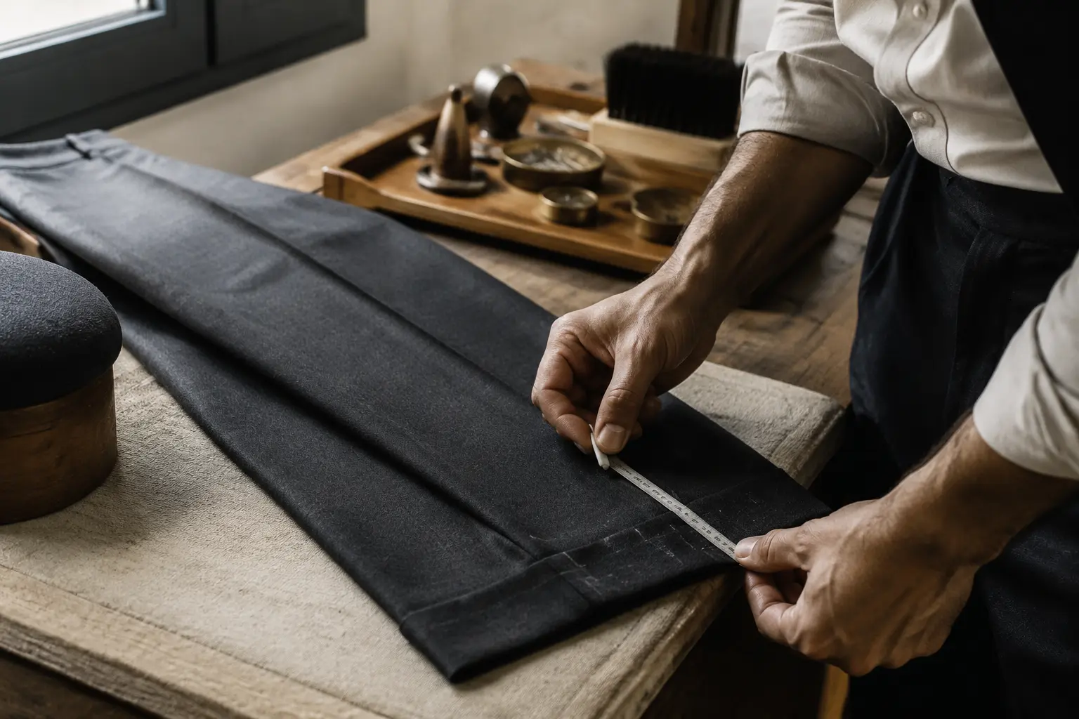 Tailor assessing and marking a trouser alteration