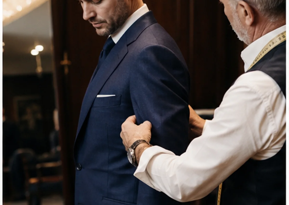 A tailor assessing the balance of a jacket